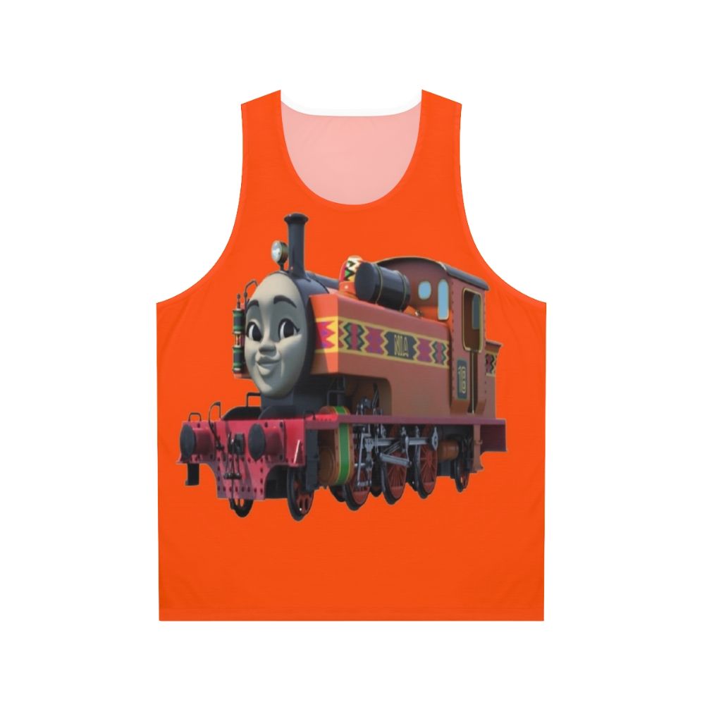 Unisex orange tank top with train engine design