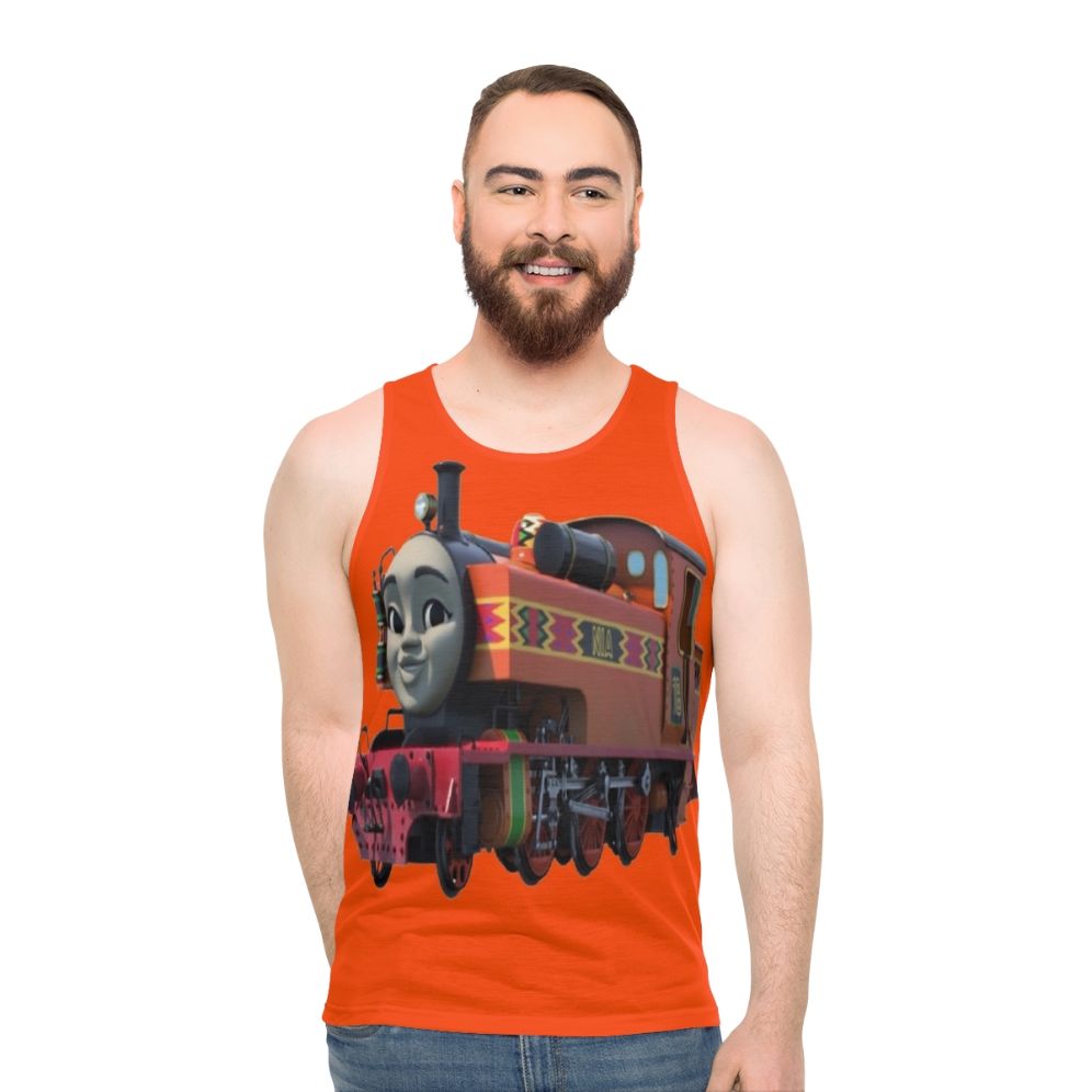 Unisex orange tank top with train engine design