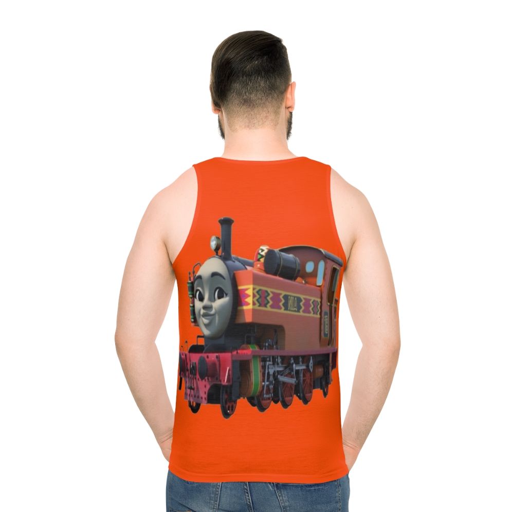 Unisex orange tank top with train engine design