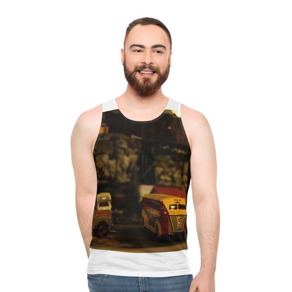 Unisex tank top with parked train design for model train hobbyists