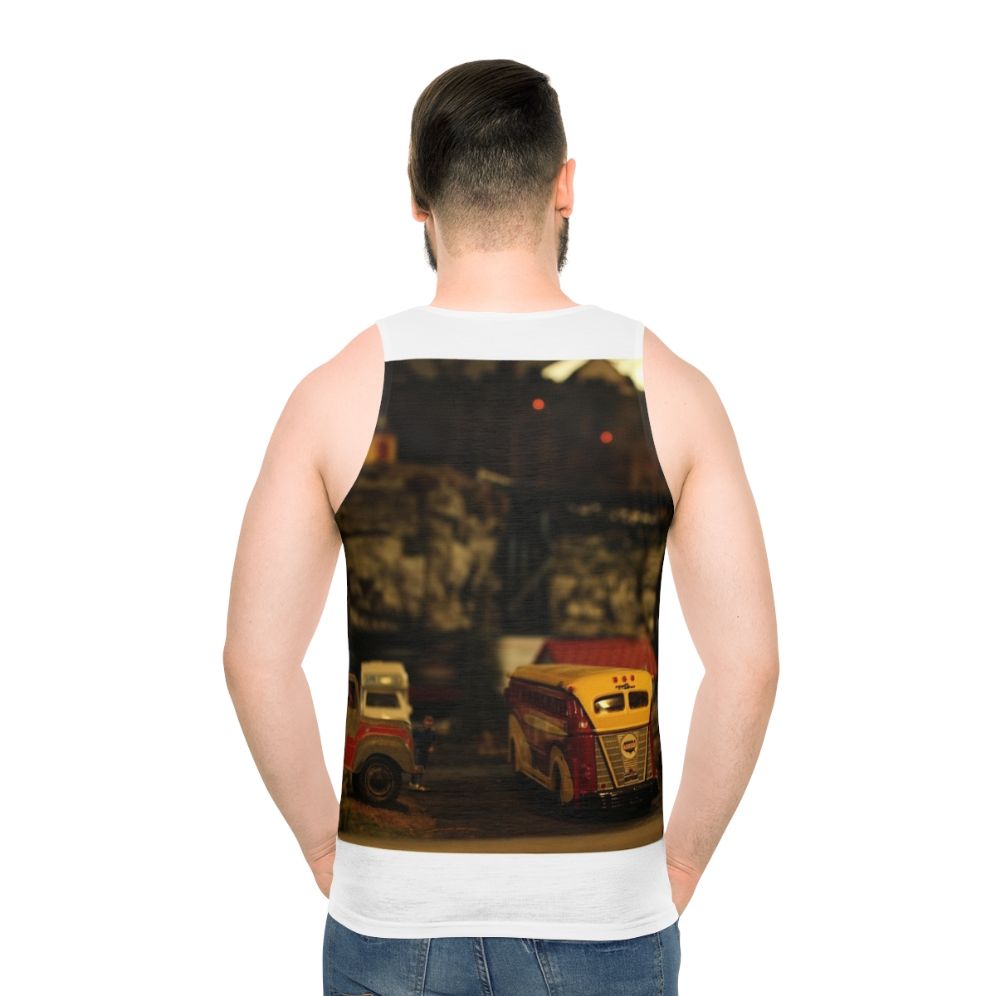 Unisex tank top with parked train design for model train hobbyists