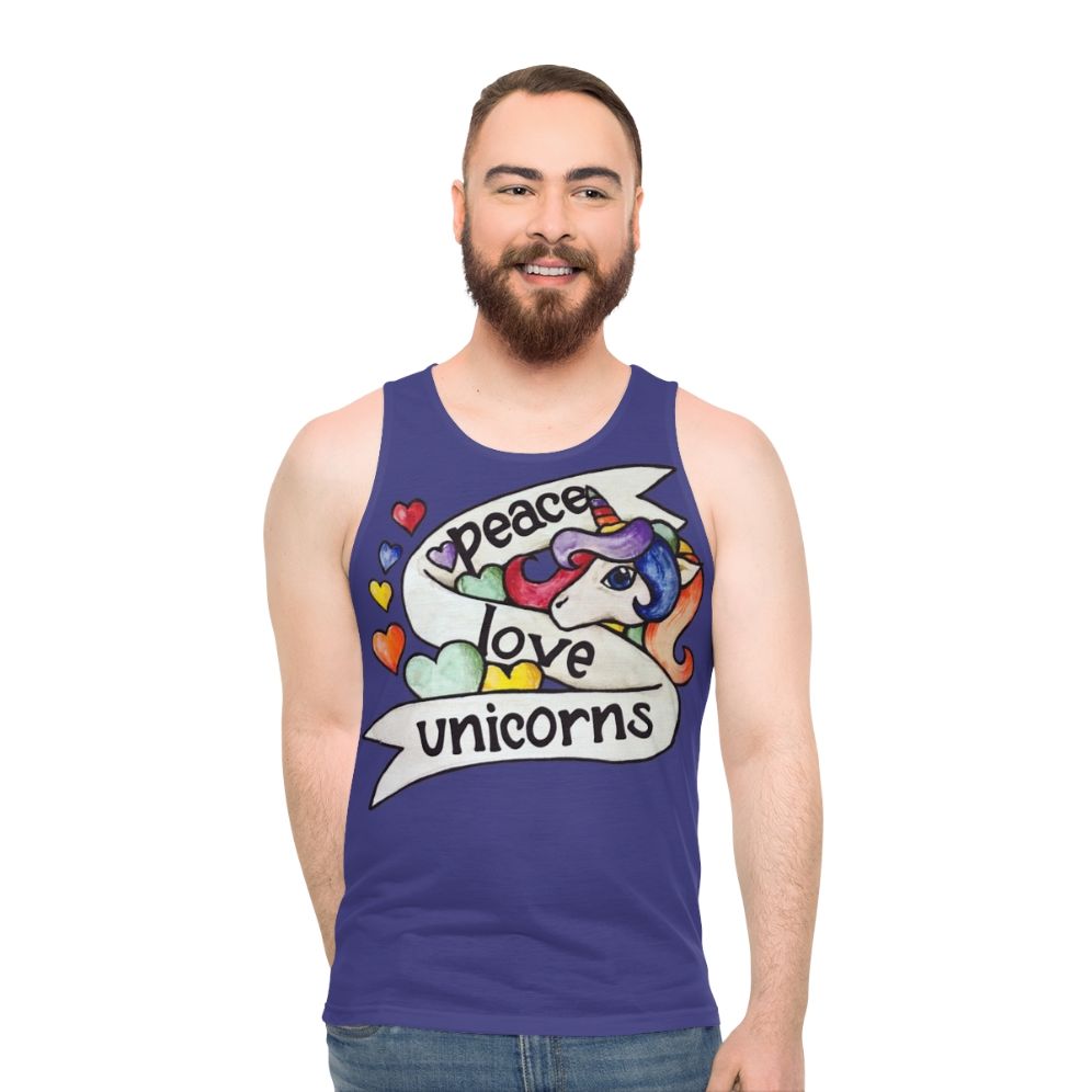 Unisex peace love unicorns tank top with retro rainbow design