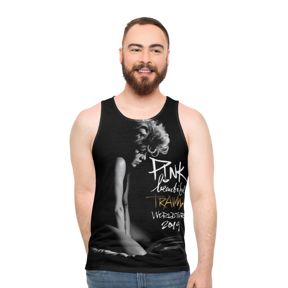 Unisex pink tank top with music and trauma recovery design