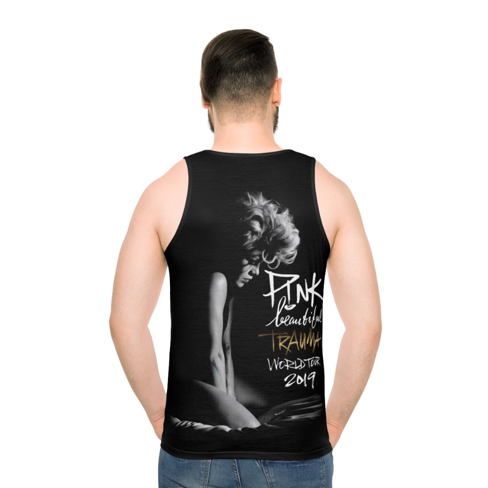 Unisex pink tank top with music and trauma recovery design