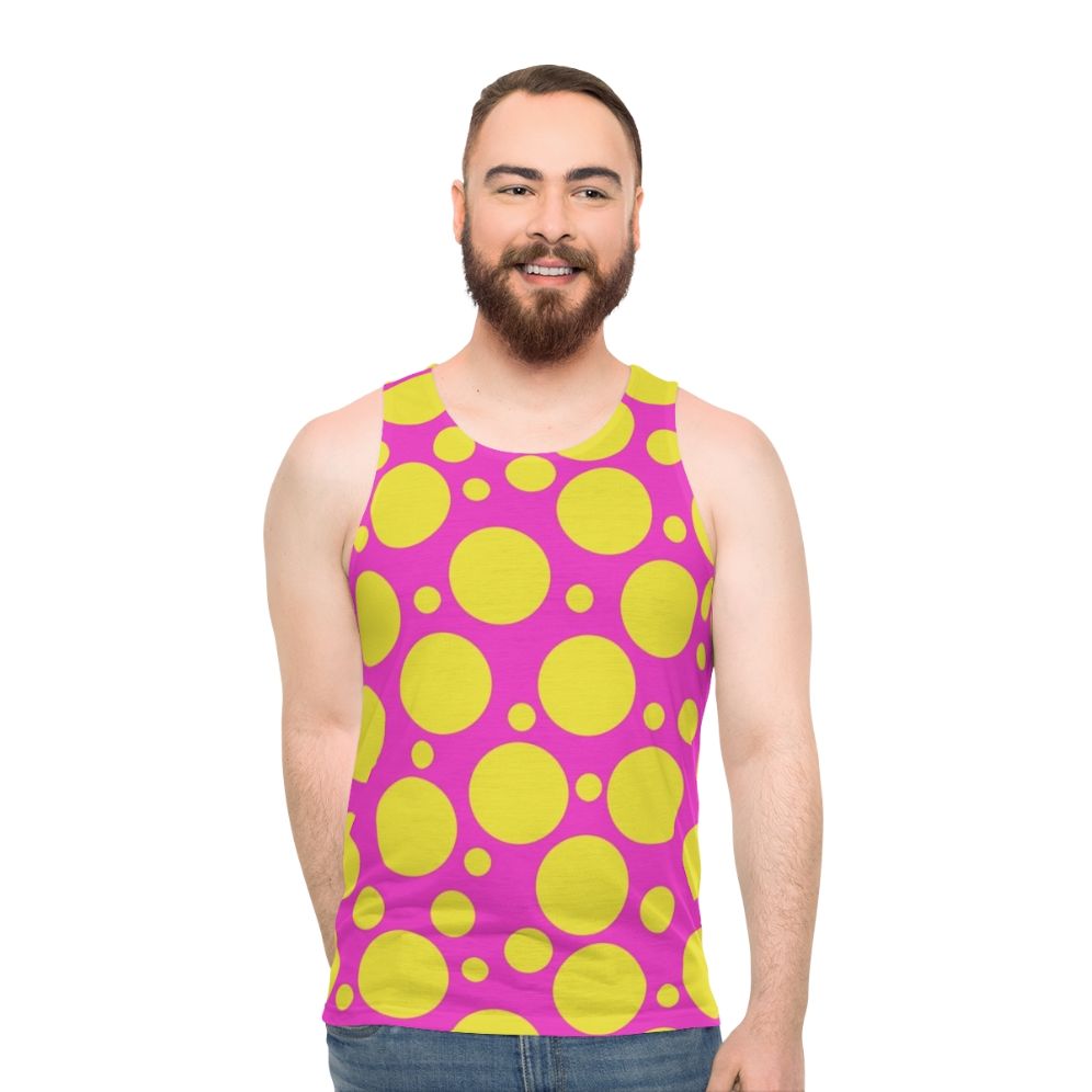 Unisex polka dot tank top in hot pink and yellow