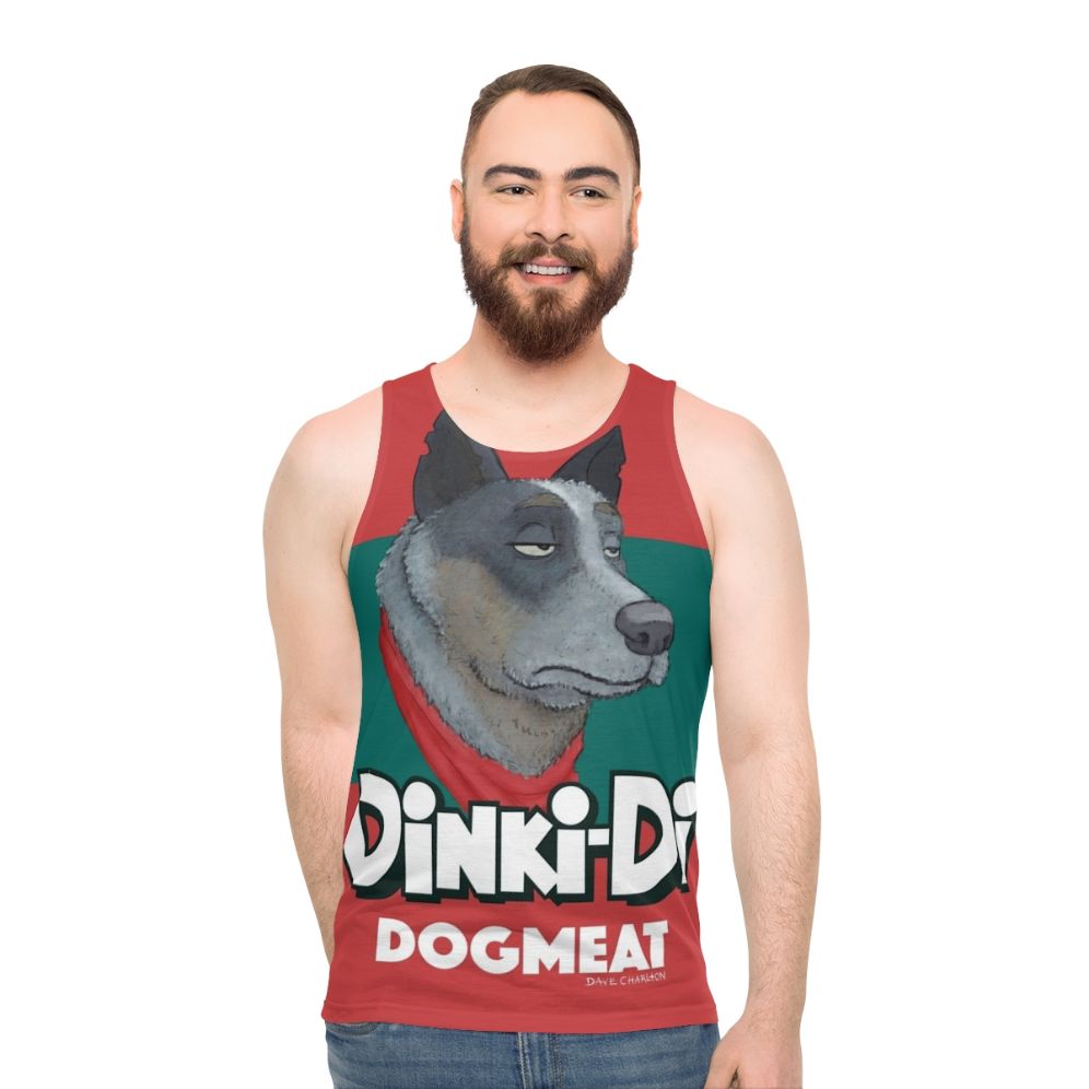 Unisex Dinki Di Dogmeat tank top inspired by the post-apocalyptic world of Mad Max and Fallout