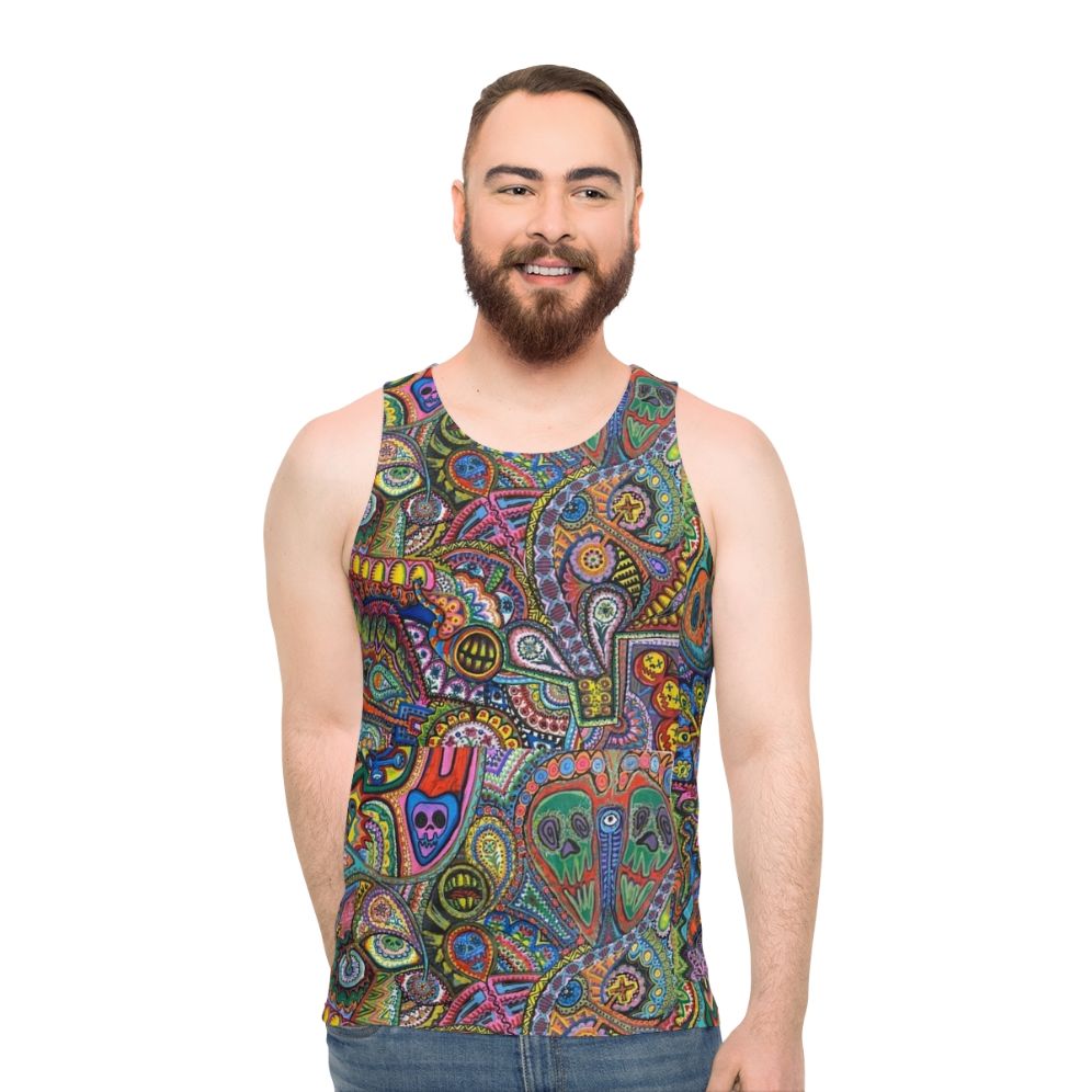 Unisex tank top with psychedelic patterns and colorful original artwork
