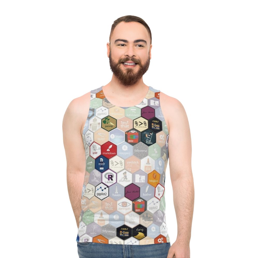 Unisex R-themed tank top with hex pattern design