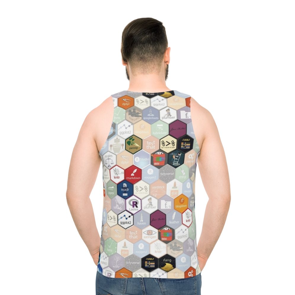 Unisex R-themed tank top with hex pattern design