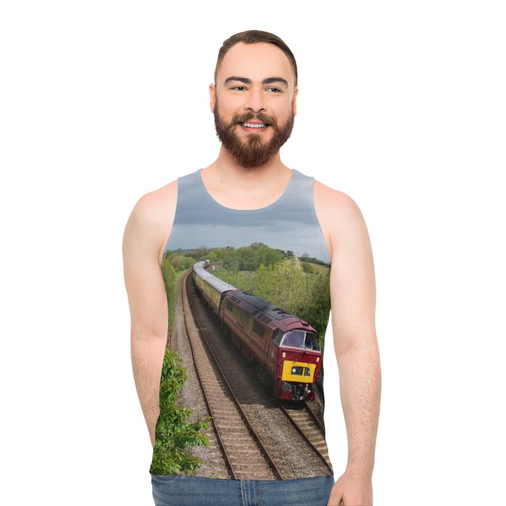 Unisex tank top with railway and western design