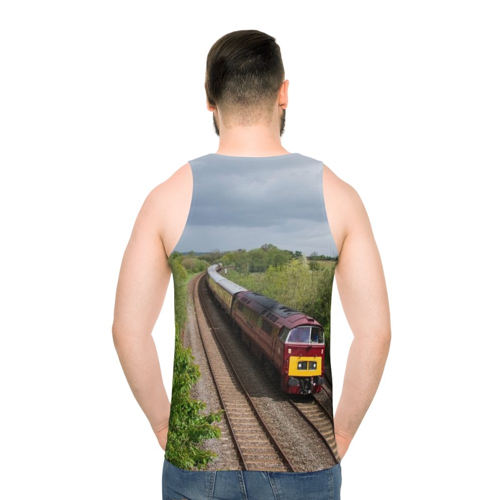 Unisex tank top with railway and western design