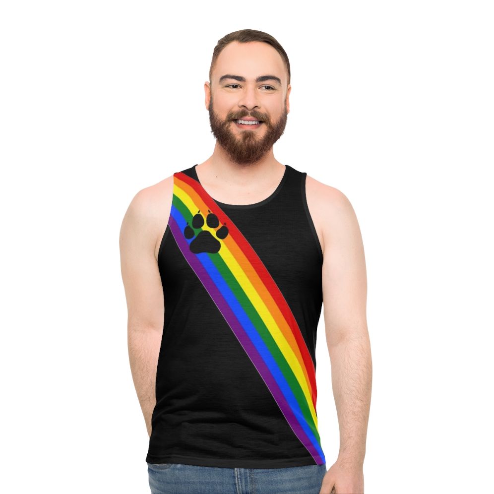 Unisex rainbow pup sash tank top for LGBTQ+ pride