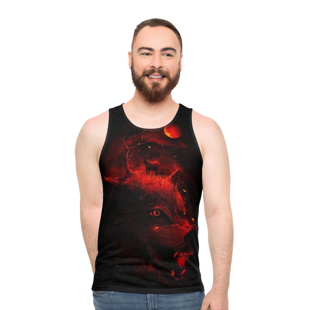 Unisex red and black tank top with animal silhouette design