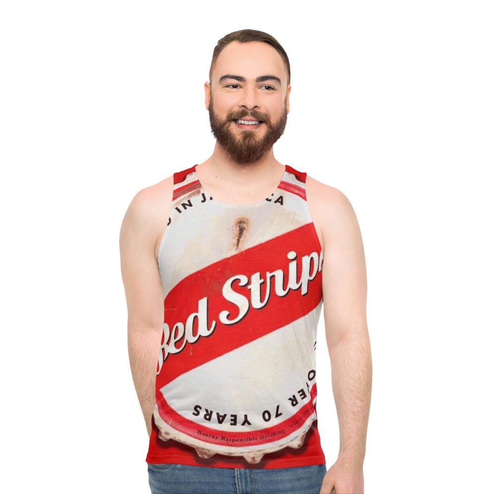 Unisex red stripe tank top with beer bottle cap design