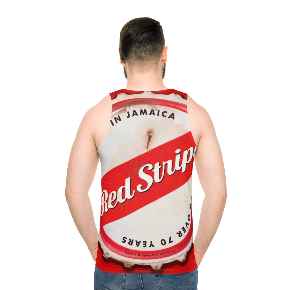 Unisex red stripe tank top with beer bottle cap design