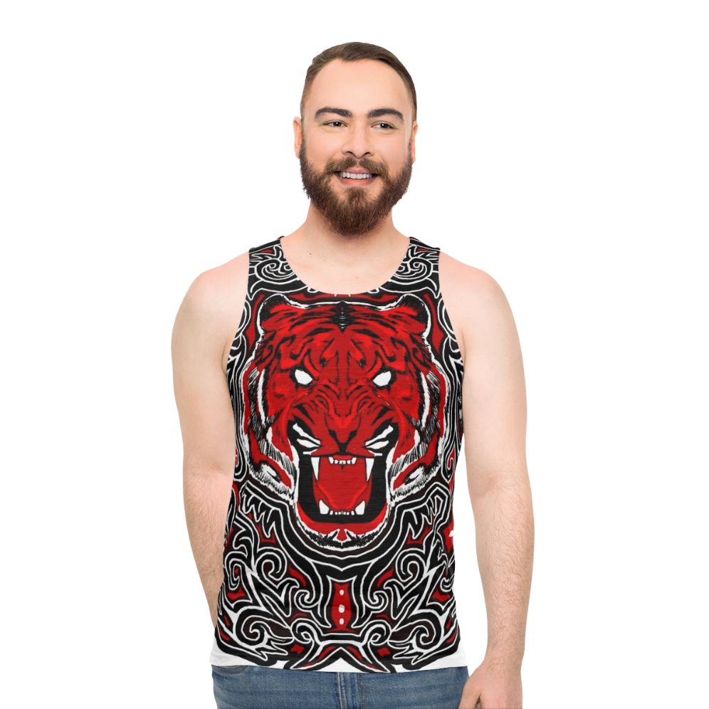 Unisex red tank top with angry tiger Indonesian art design