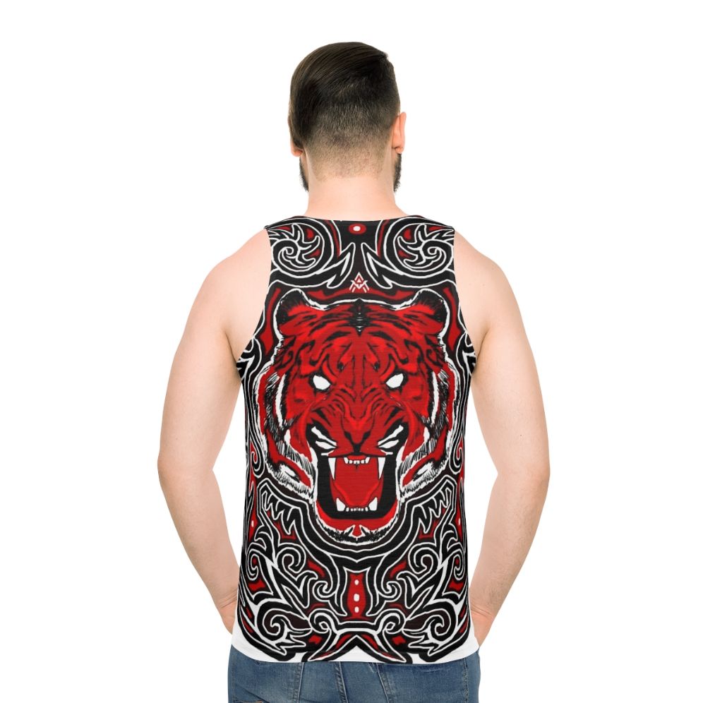 Unisex red tank top with angry tiger Indonesian art design