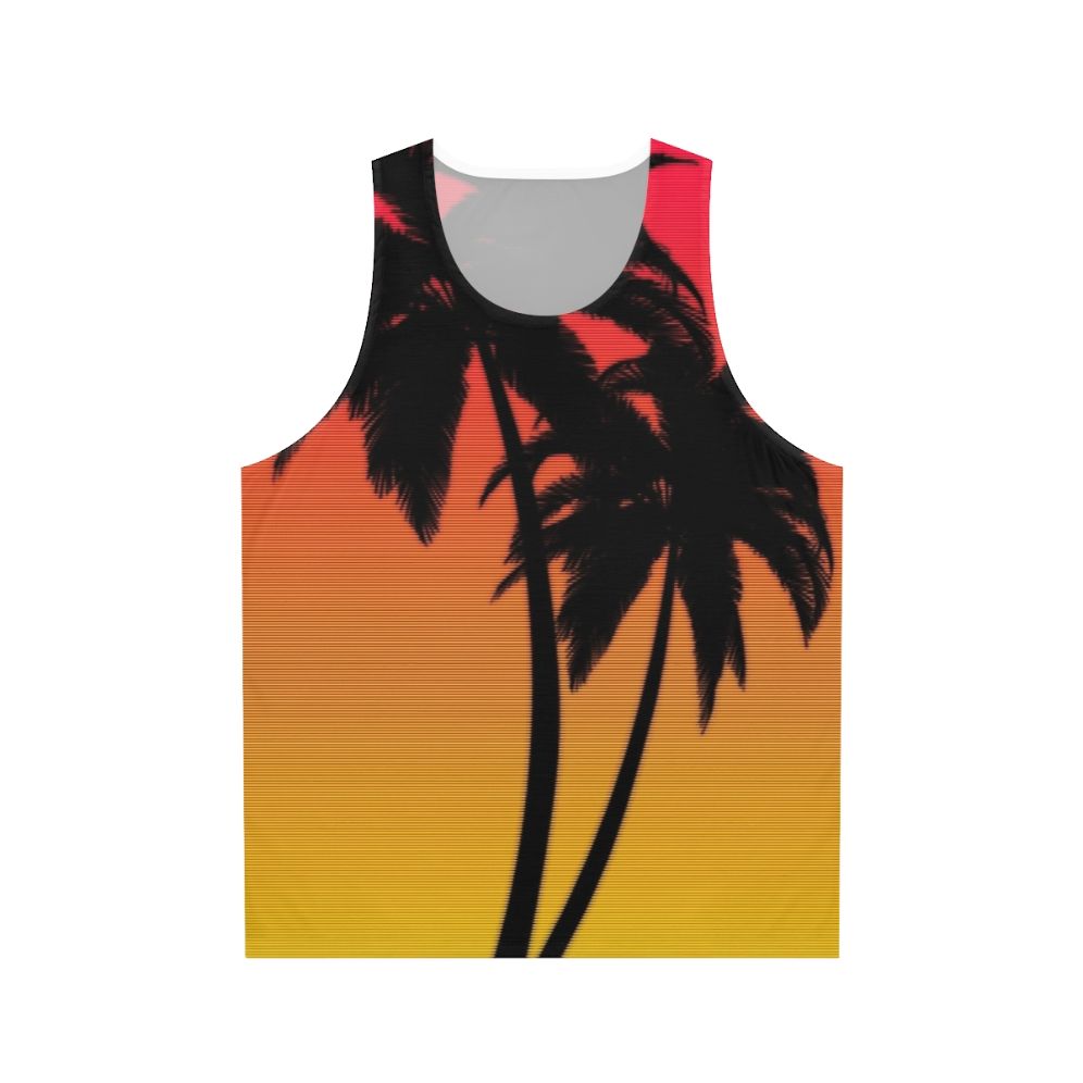Unisex retro-style tank top with synthwave Miami sunset design