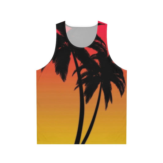 Unisex retro-style tank top with synthwave Miami sunset design