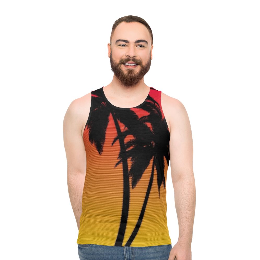 Unisex retro-style tank top with synthwave Miami sunset design