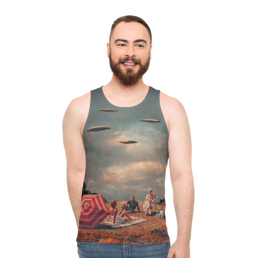Unisex retro sci-fi tank top with surreal landscape design