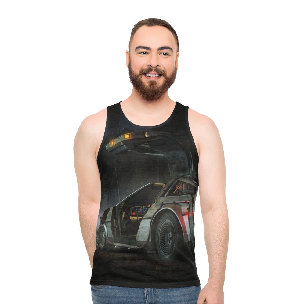 Unisex retro tank top with Back to the Future and Delorean design
