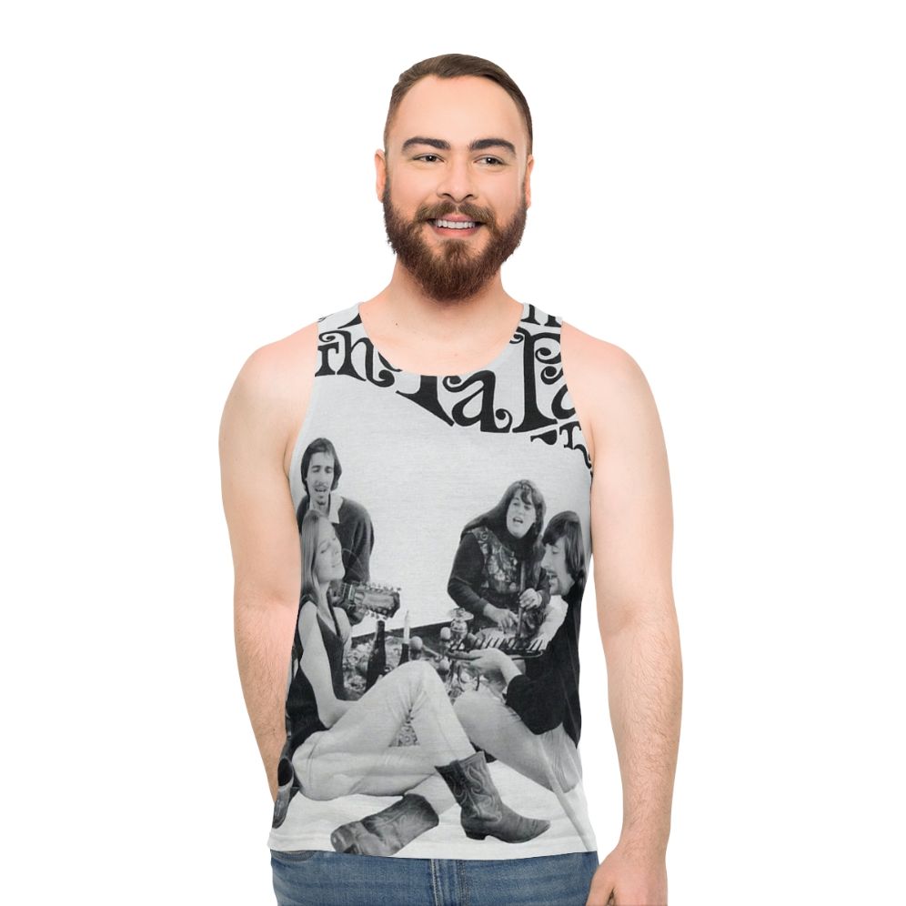 Unisex retro tank top featuring The Mamas and The Papas band logo