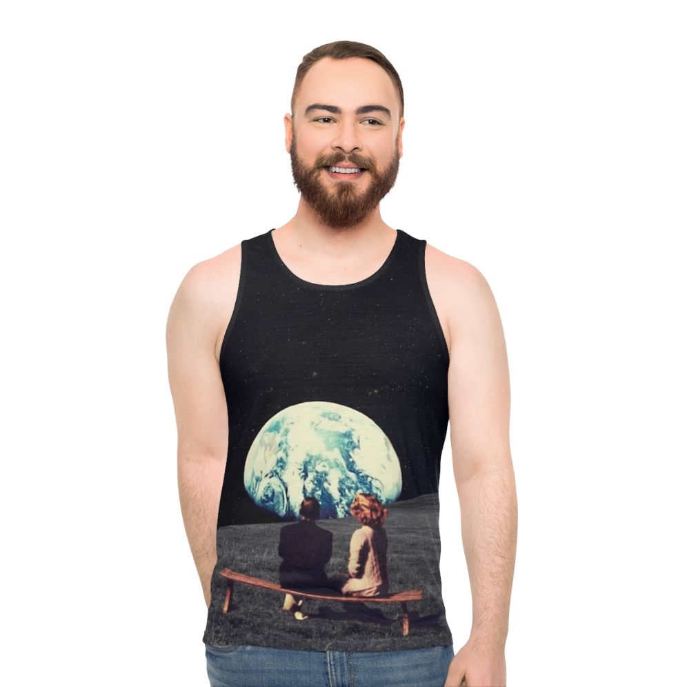 Unisex retrofuture tank top featuring a digital collage of a surreal landscape