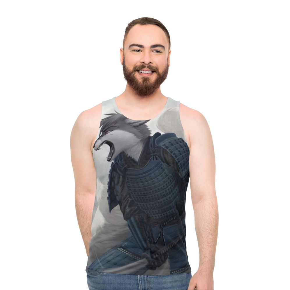 Unisex tank top with Japanese samurai and kitsune fox design