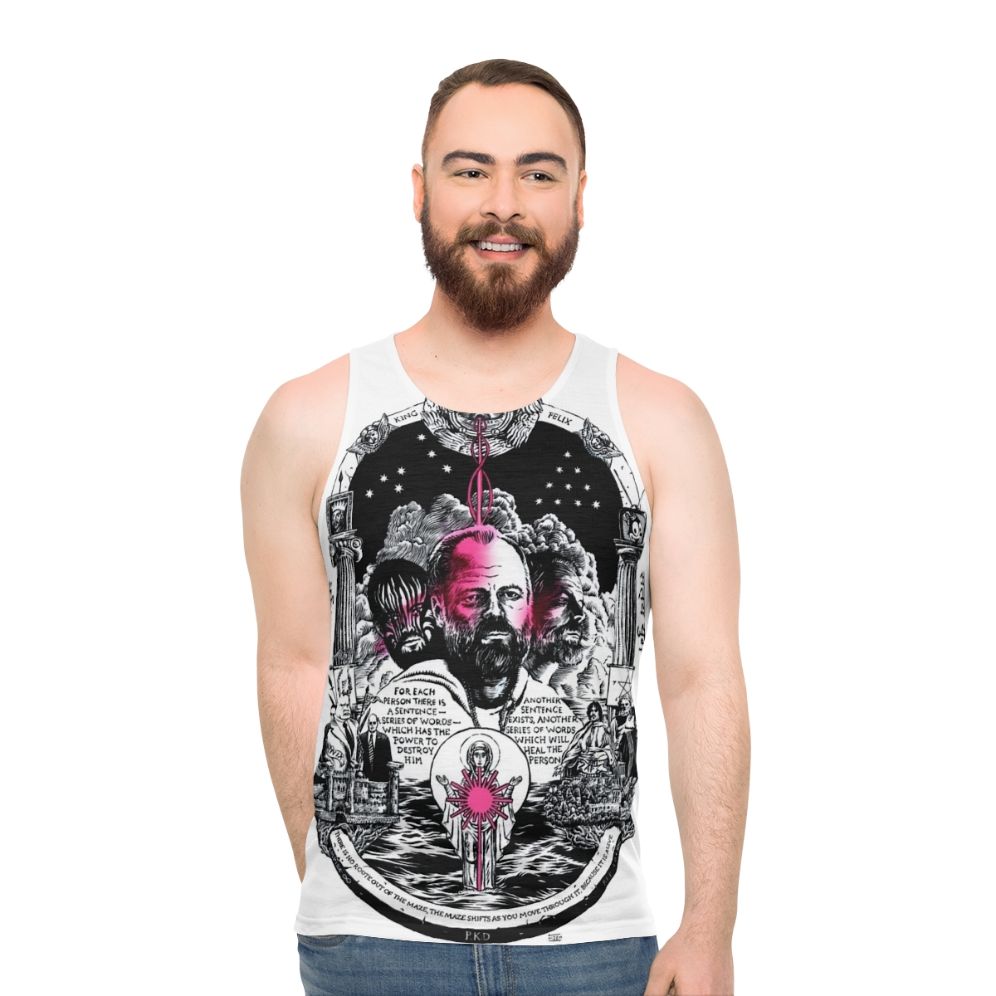 Unisex science fiction tank top featuring monochrome robot design