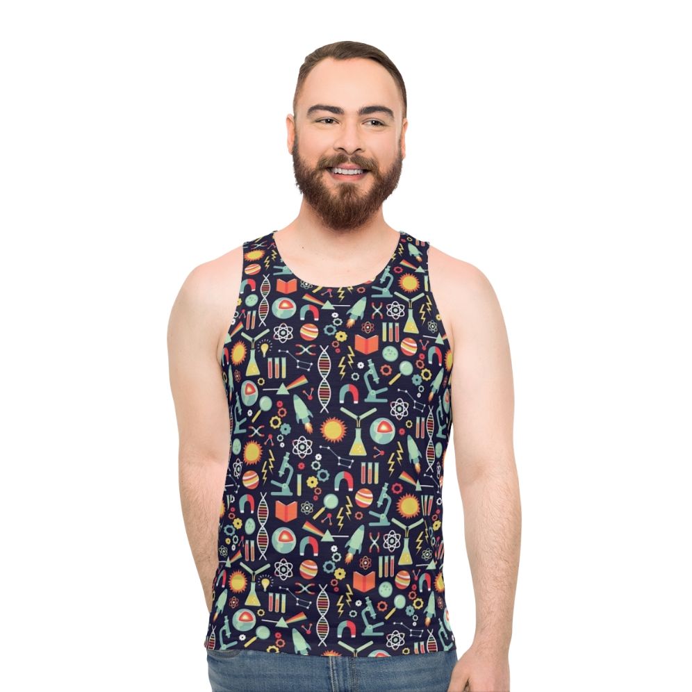 Unisex science studies tank top with beaker and test tube pattern