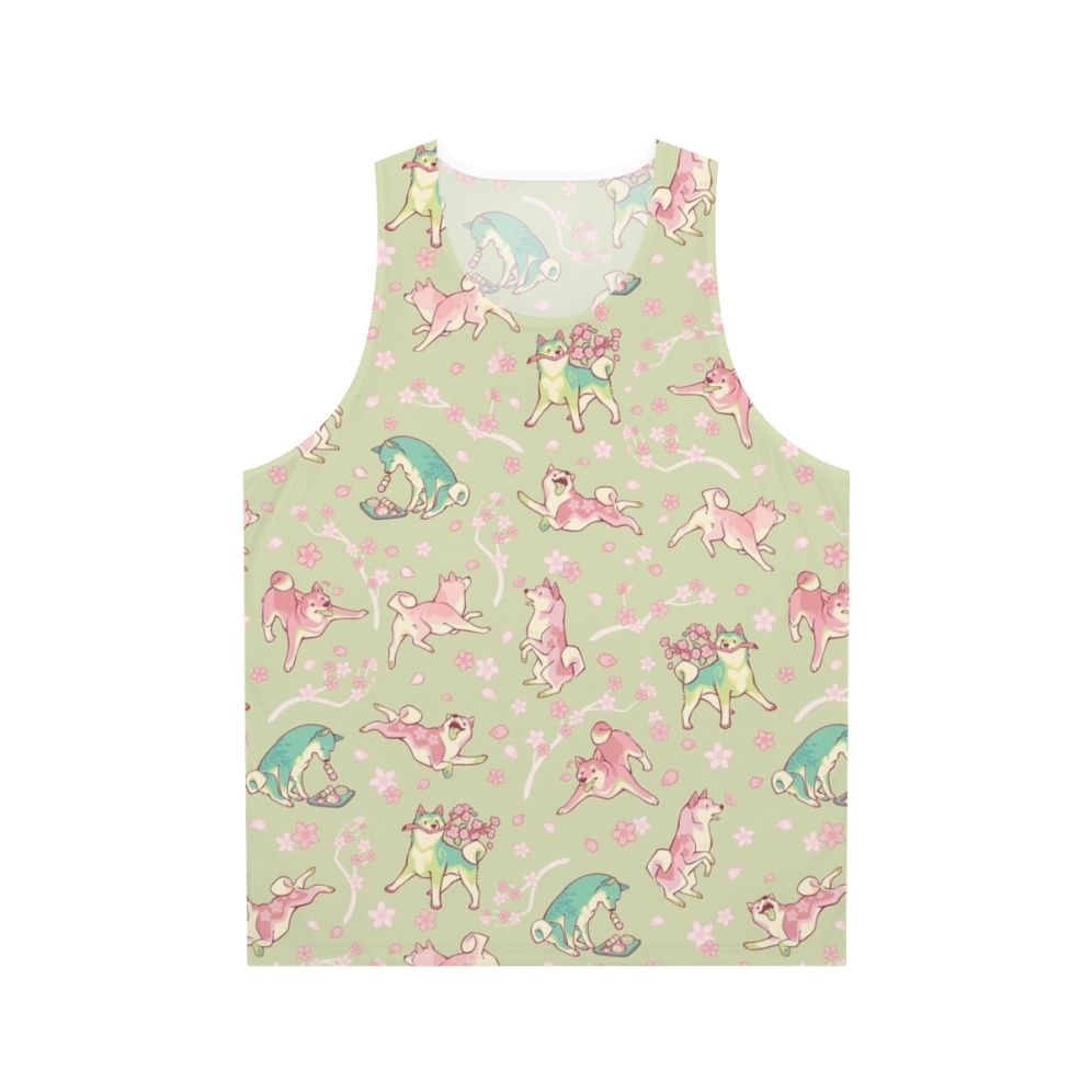 Unisex shiba inu tank top with matcha green tea and spring floral pattern