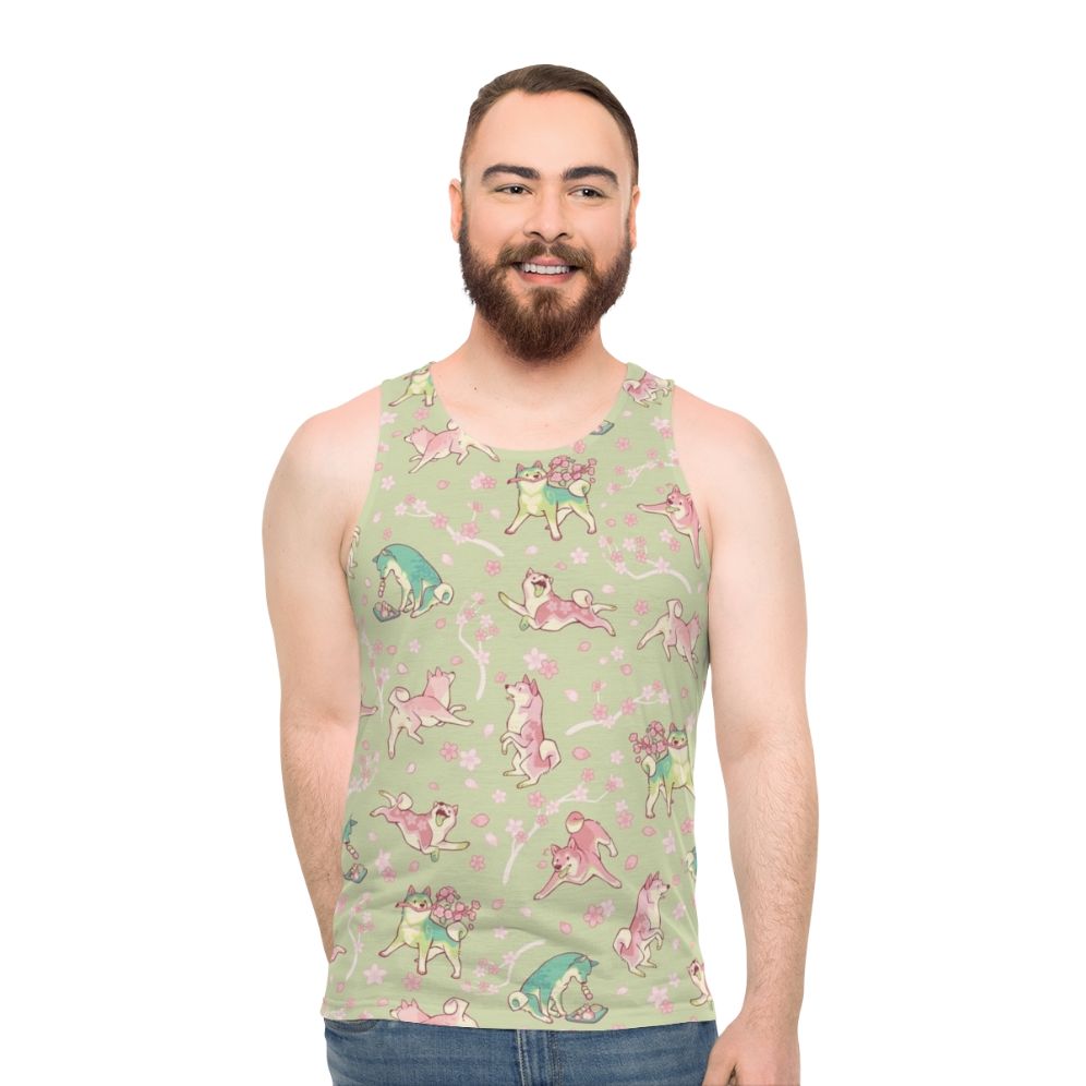 Unisex shiba inu tank top with matcha green tea and spring floral pattern