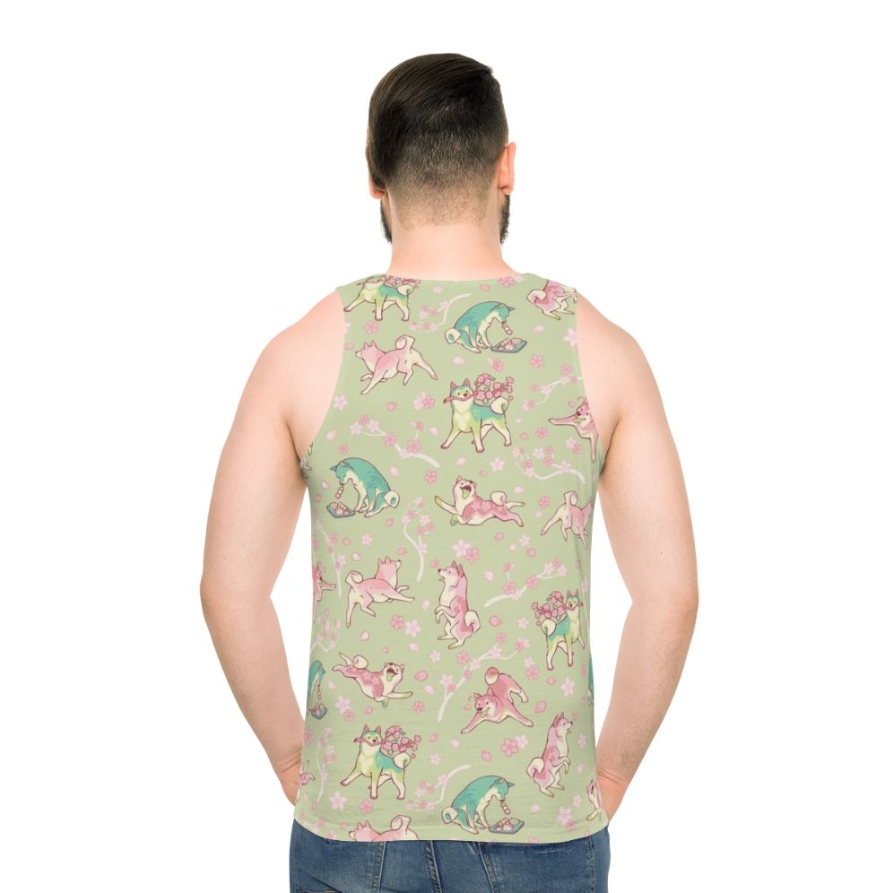 Unisex shiba inu tank top with matcha green tea and spring floral pattern