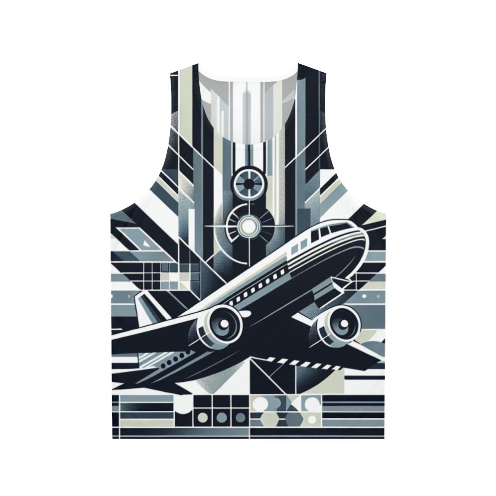 Unisex tank top with airplane silhouette and cloud prints