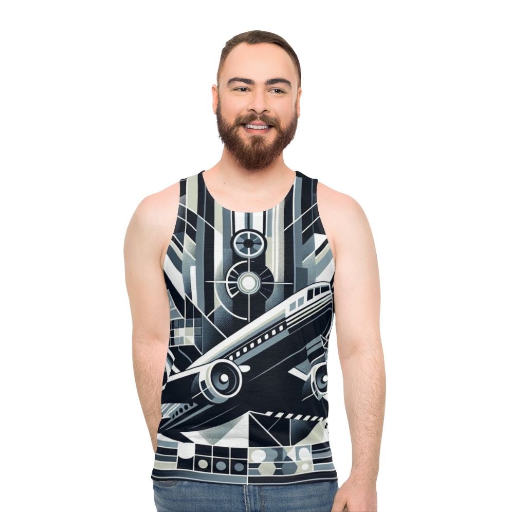 Unisex tank top with airplane silhouette and cloud prints