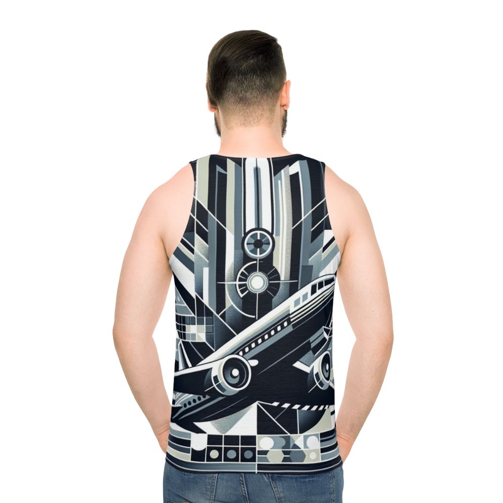 Unisex tank top with airplane silhouette and cloud prints