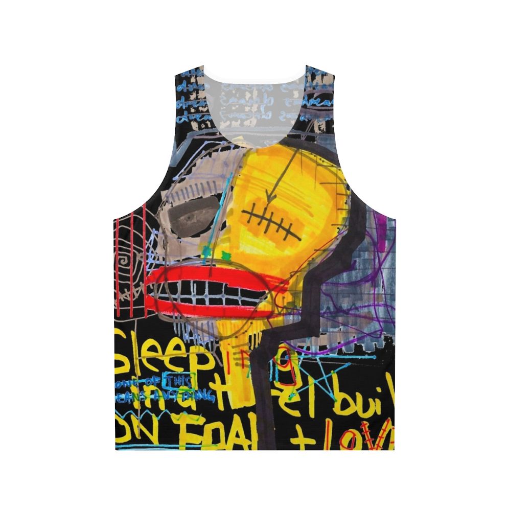 Unisex tank top with abstract art design of "Sleeping In A Hotel Built On Fear & Love"