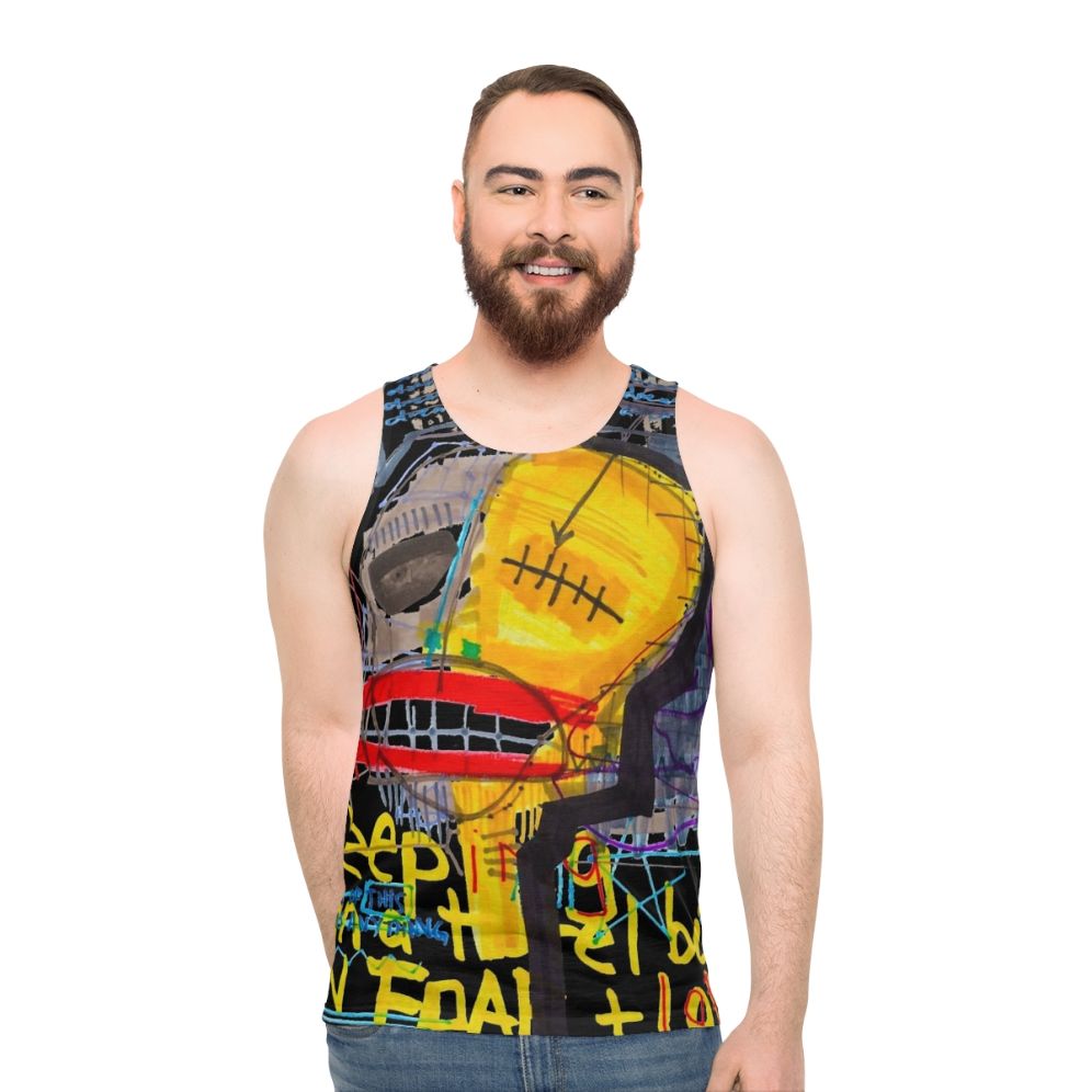 Unisex tank top with abstract art design of "Sleeping In A Hotel Built On Fear & Love"