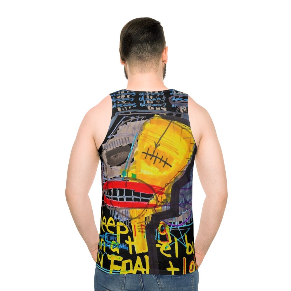 Unisex tank top with abstract art design of "Sleeping In A Hotel Built On Fear & Love"