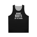 Unisex black tank top with "Boots on the Moon" design