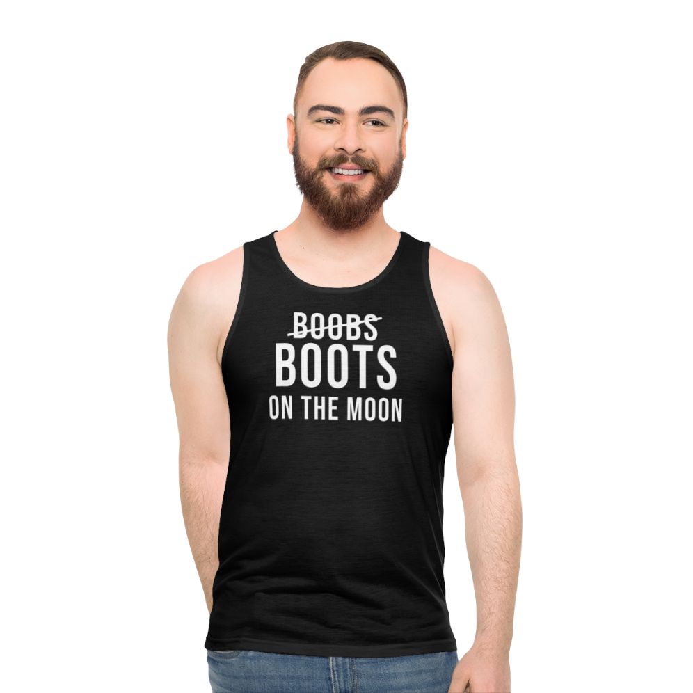 Unisex black tank top with "Boots on the Moon" design
