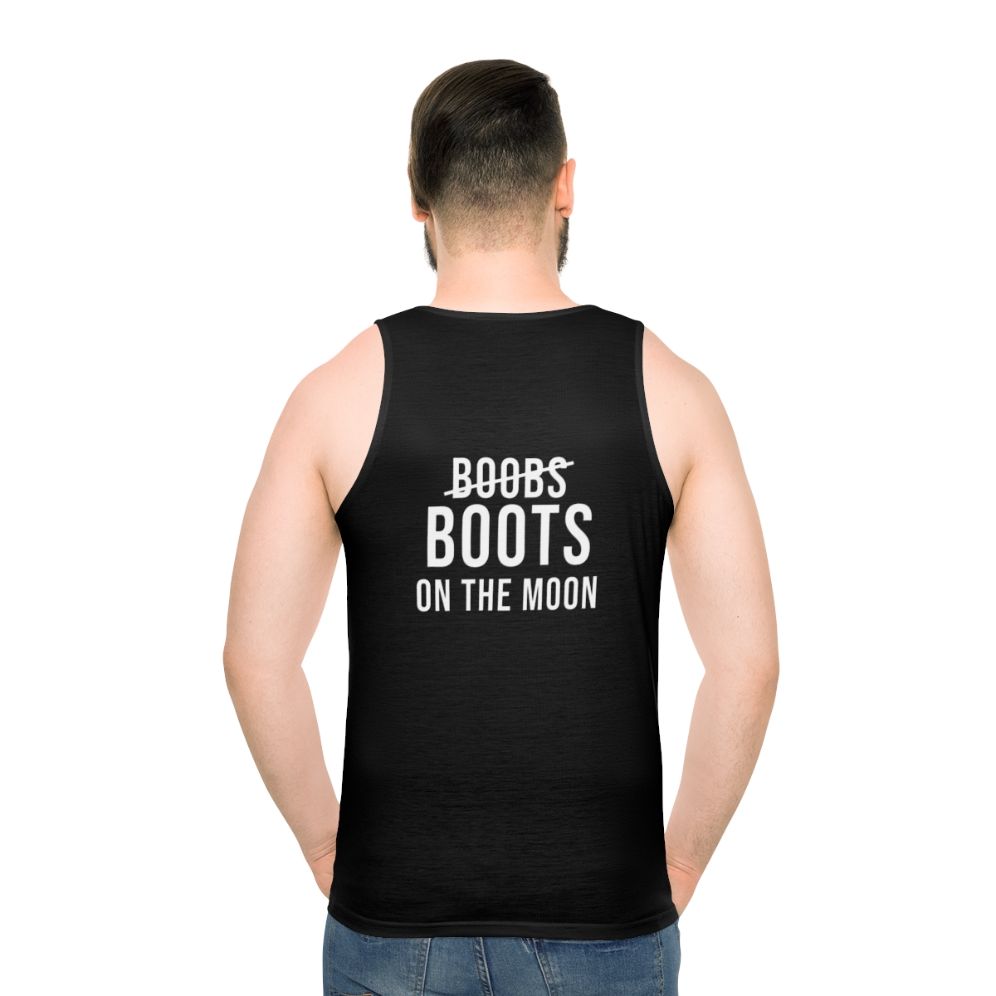 Unisex black tank top with "Boots on the Moon" design