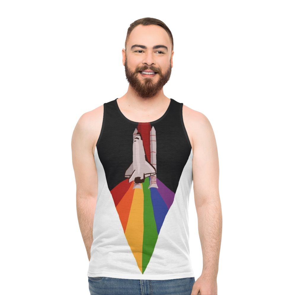 Unisex space-themed tank top with rainbow space shuttle design