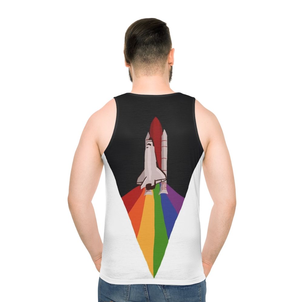 Unisex space-themed tank top with rainbow space shuttle design