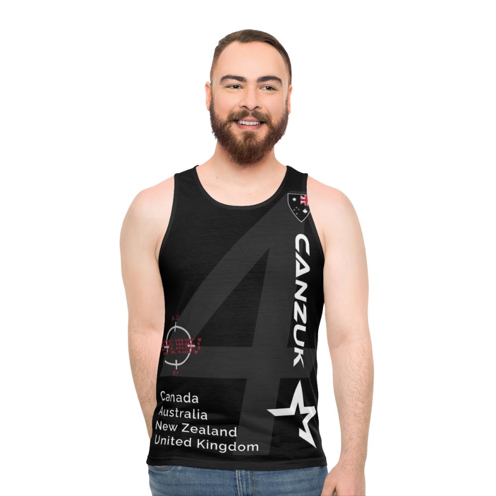 Unisex sports design tank top with Commonwealth countries flag and shield
