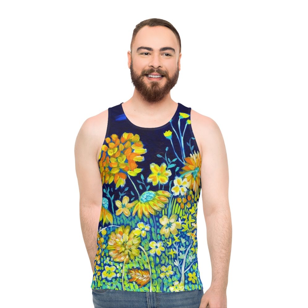 Unisex spring floral tank top in indigo blue and yellow daisies