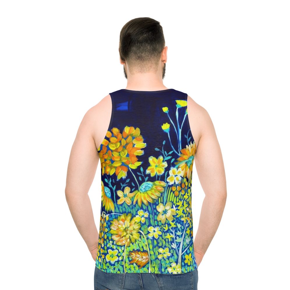 Unisex spring floral tank top in indigo blue and yellow daisies