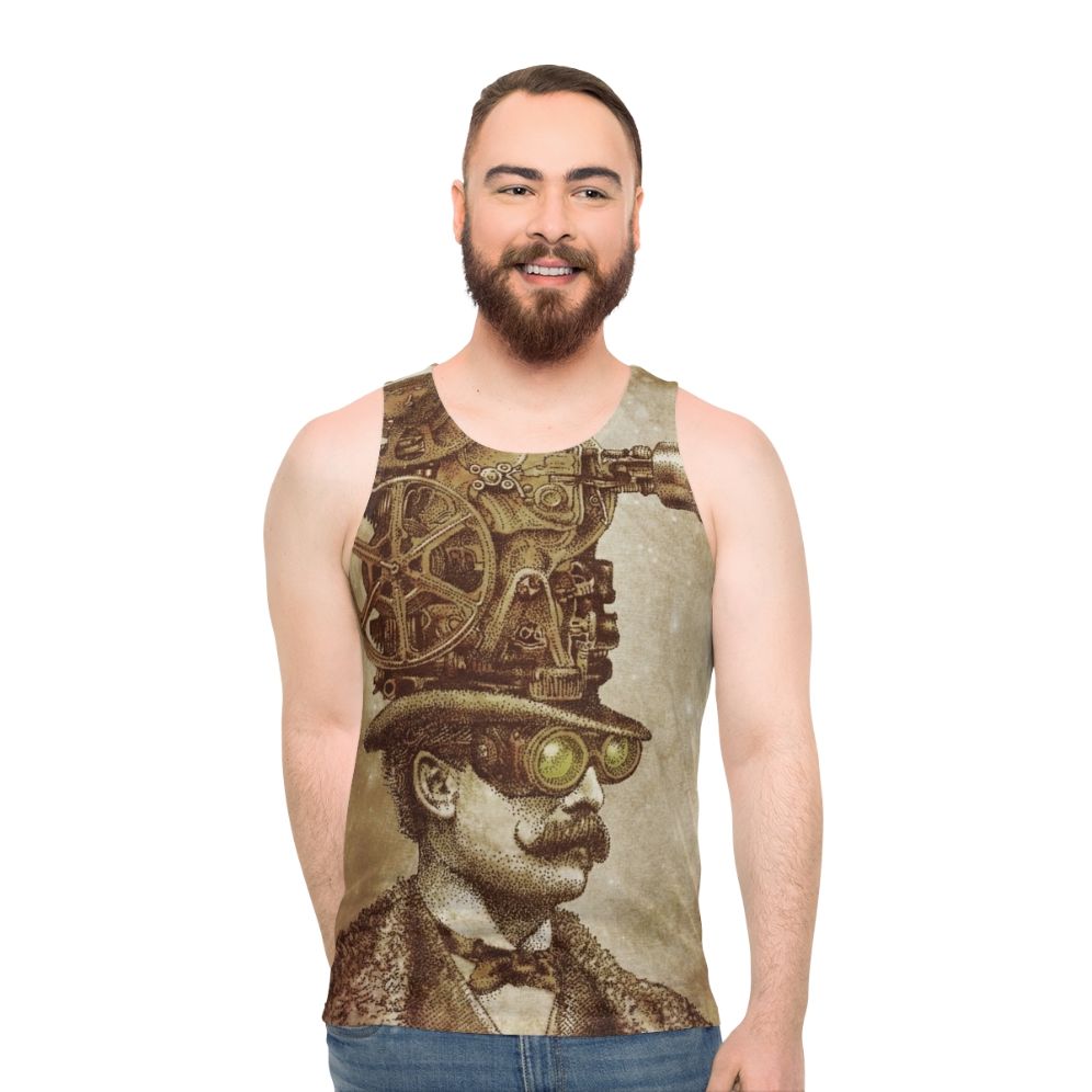 Unisex steampunk tank top with fantasy illustration of a movie projector