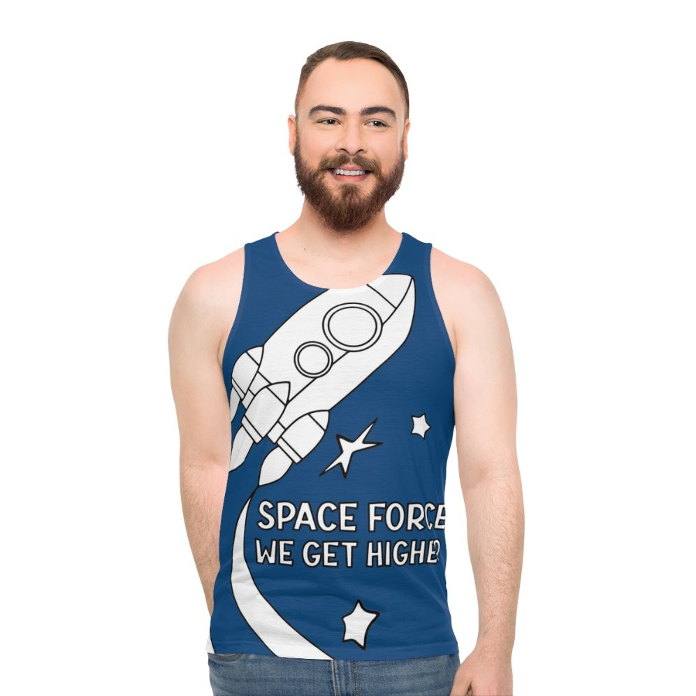 Unisex Stranger Things Space Force tank top with "We Get Higher" graphic
